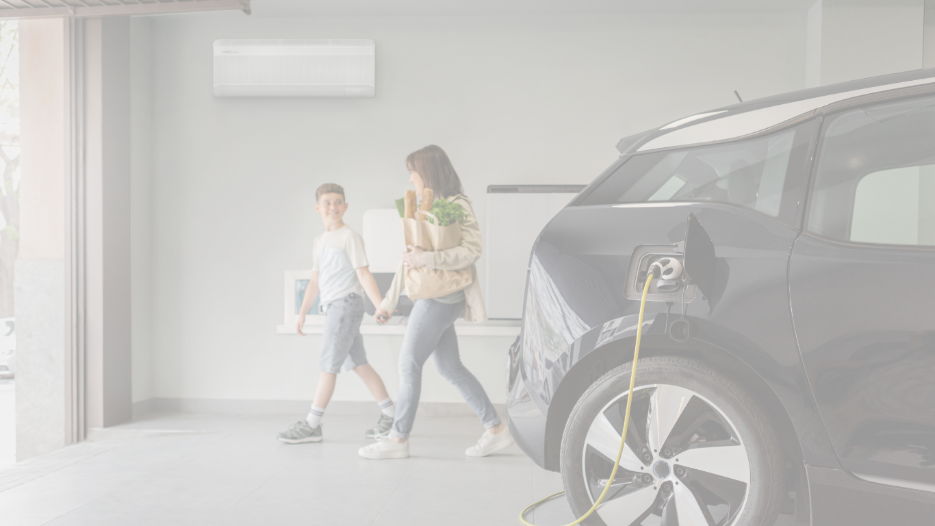An EV is charging in a garage with a mother and son holding hands, walking out of the garage and a Lennox mini split AC system installed on the garage wall